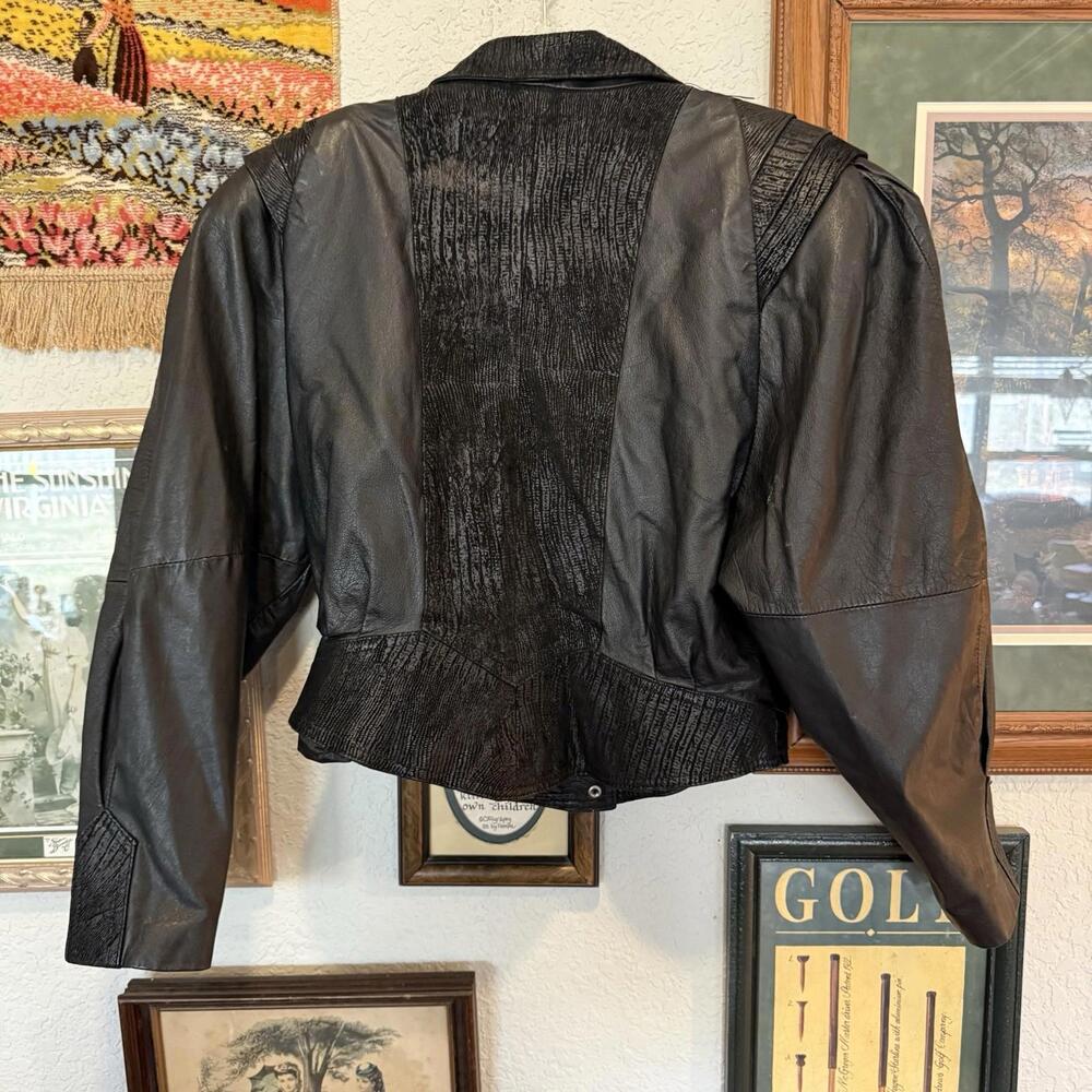 Vintage 80s Global Identity G-III Leather Bomber Black Cropped Designer Jacket M - Picture 5 of 6